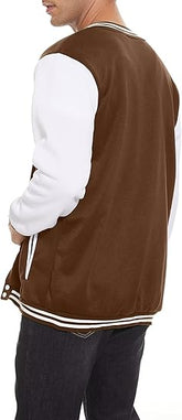 brown varsity jacket with white sleeves